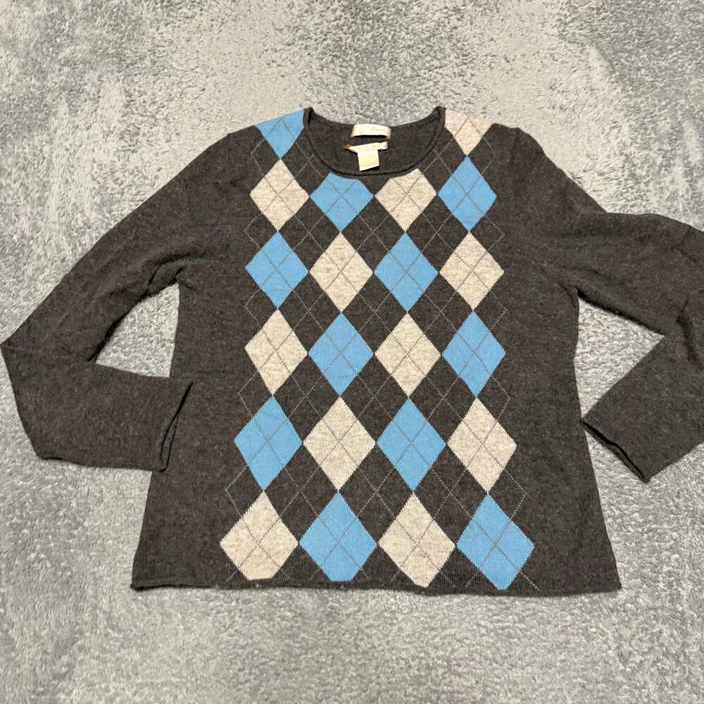 Fionn Cashmere Sweater Womens XL Gray Blue Argyle V-Neck Preppy Academia